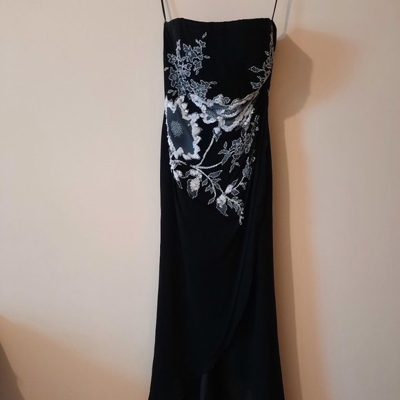 Vintage Cache Silk Beaded Strapless Gown Black and White - Picture 1 of 13